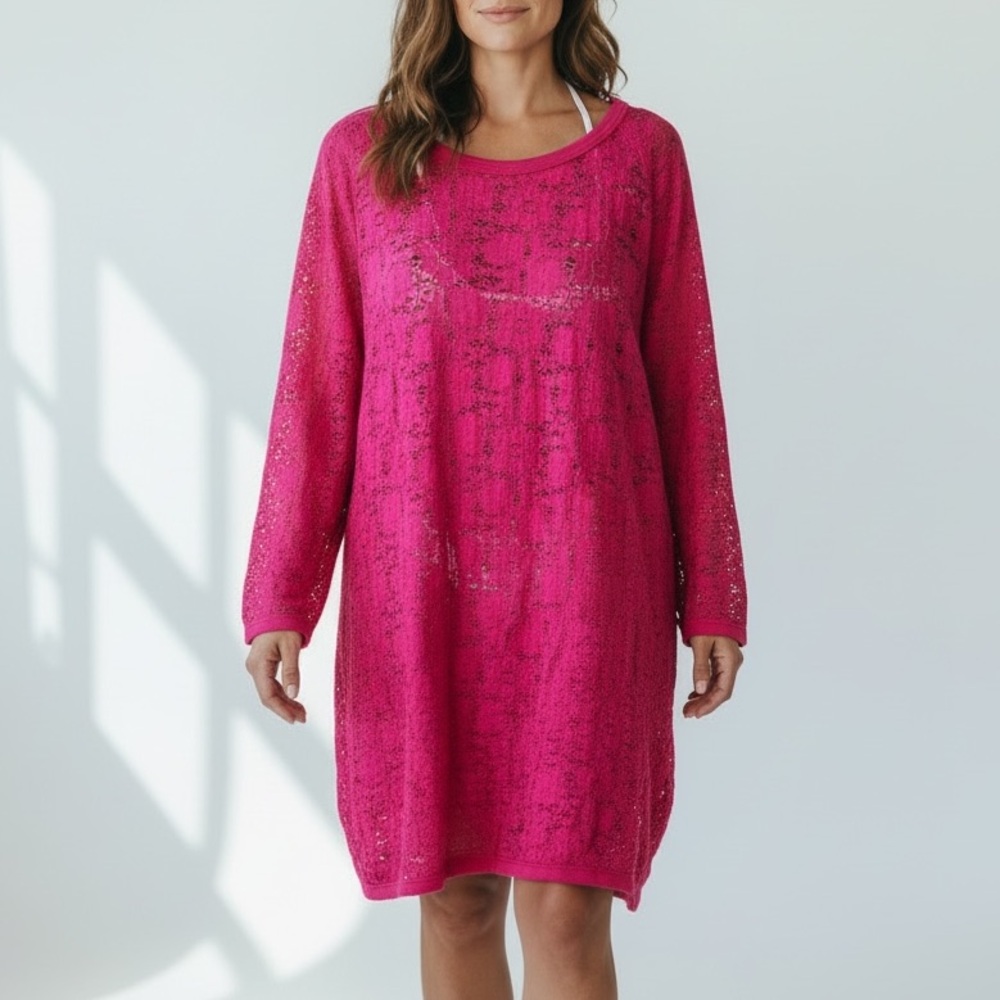 Renata B Lace Knit‎ Tunic Top Crochet Swim Coverup Women OS Pink